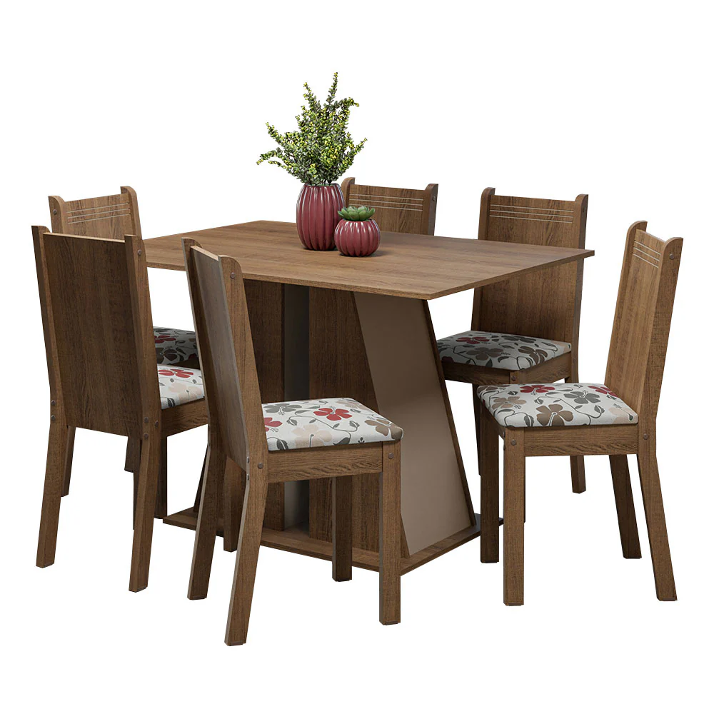 Conjunto Sala de Jantar Mesa Tampo de Madeira 6 Cadeiras Rustic/Crema/Hibiscos Sharon Madesa - Image 2