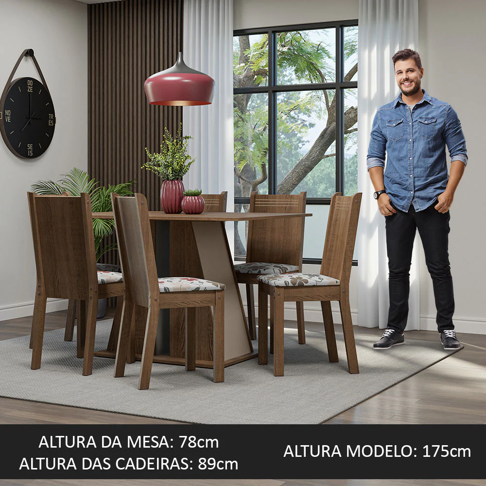 Conjunto Sala de Jantar Mesa Tampo de Madeira 6 Cadeiras Rustic/Crema/Hibiscos Sharon Madesa - Image 4