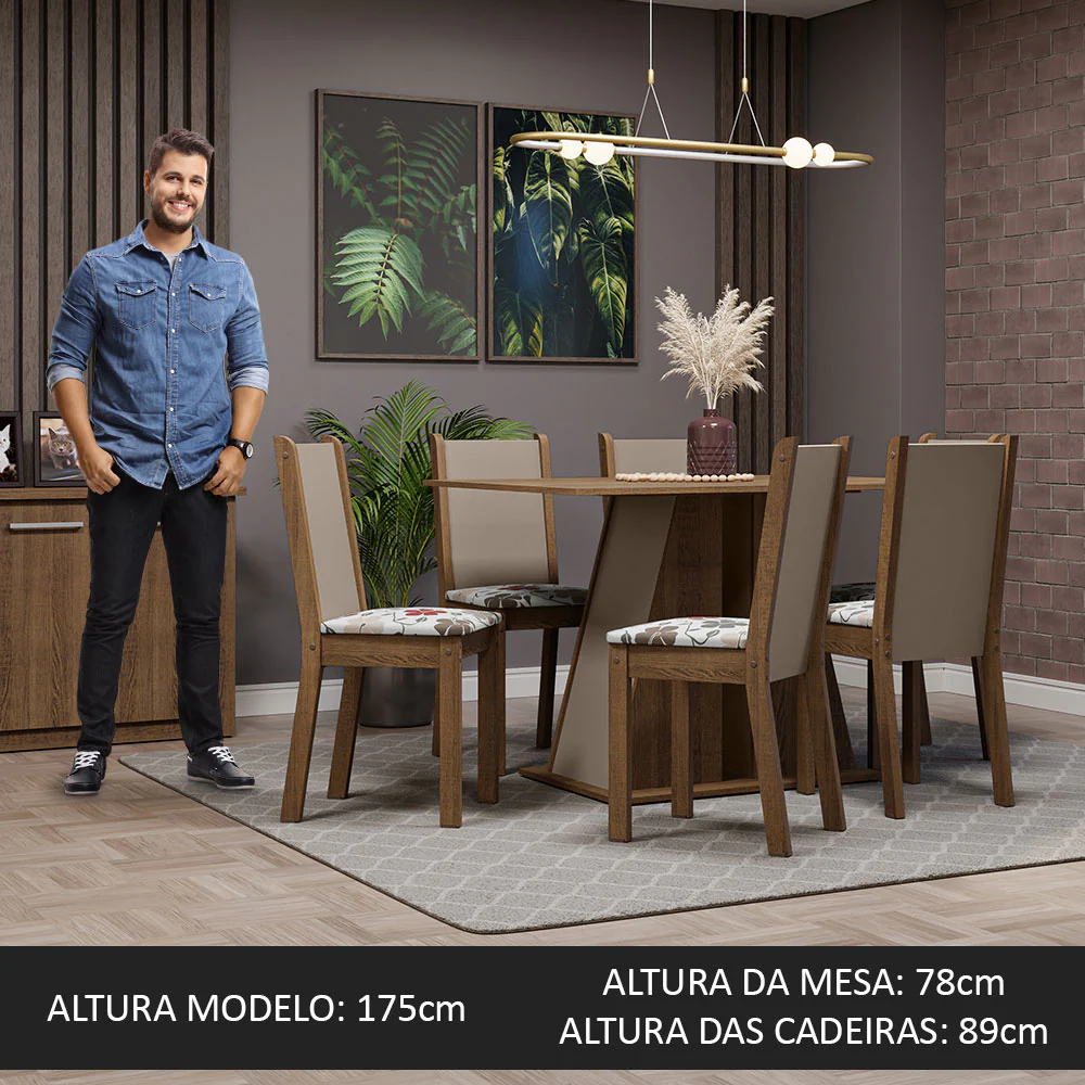 Conjunto Sala de Jantar Mesa Tampo de Madeira 6 Cadeiras Rustic/Crema/Hibiscos Wendy Madesa - Image 5