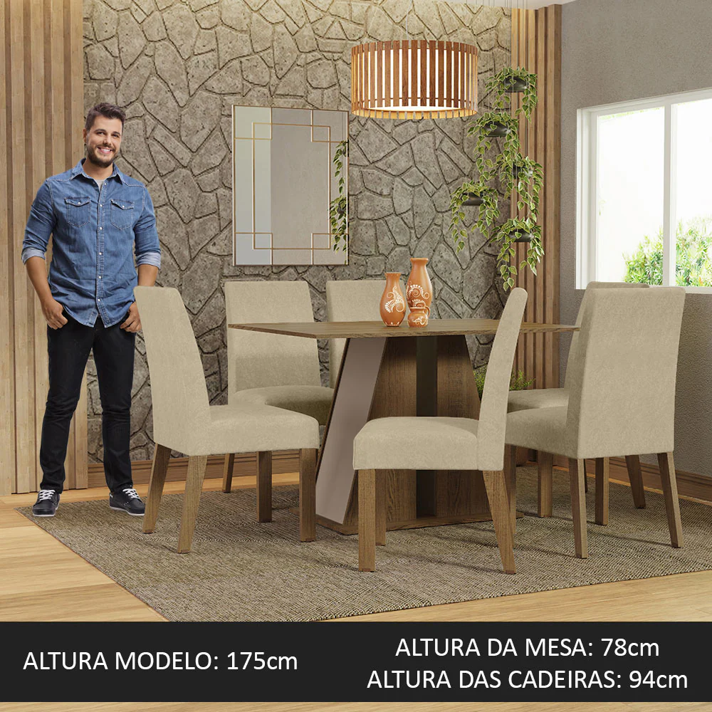 Conjunto Sala de Jantar Mesa Tampo de Madeira 6 Cadeiras Rustic/Crema/Imperial Cheryl Madesa - Image 4