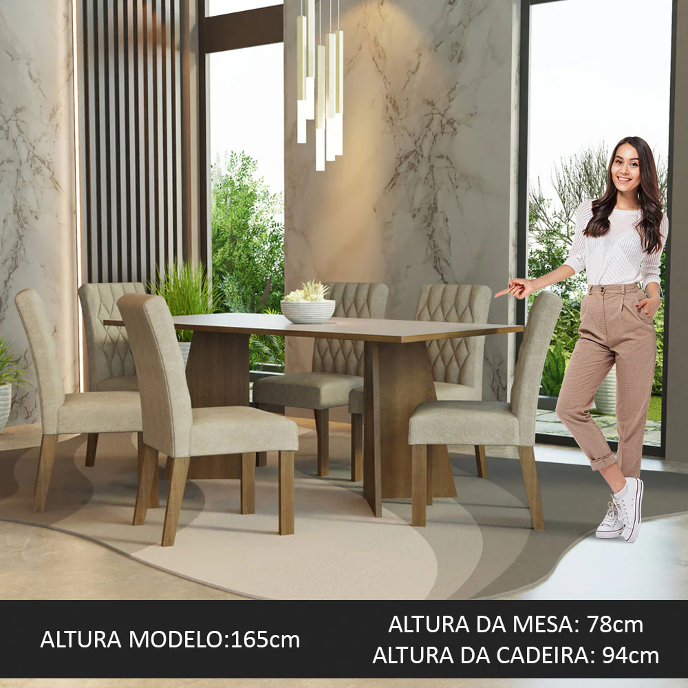 Conjunto Sala de Jantar Mesa Tampo de Madeira 6 Cadeiras Rustic/Crema/Imperial Madison Madesa - Image 3
