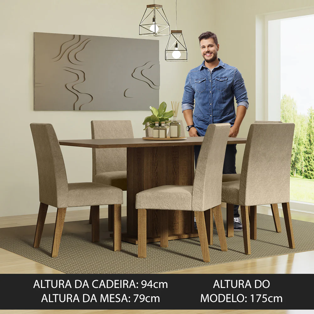 Conjunto Sala de Jantar Mesa Tampo de Madeira 6 Cadeiras Rustic/Crema/Imperial Renata Madesa - Image 4