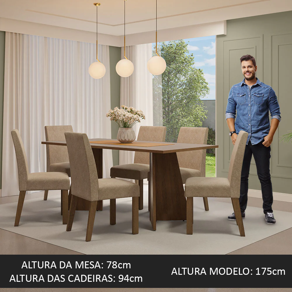 Conjunto Sala de Jantar Mesa Tampo de Madeira 6 Cadeiras Rustic/Crema/Imperial Simone Madesa - Image 3