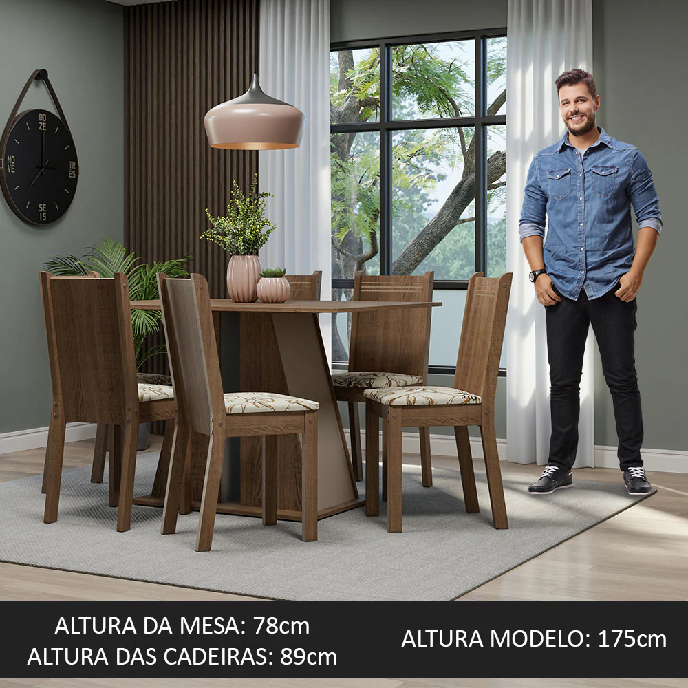 Conjunto Sala de Jantar Mesa Tampo de Madeira 6 Cadeiras Rustic/Crema/Lírio Bege Sharon Madesa - Image 4