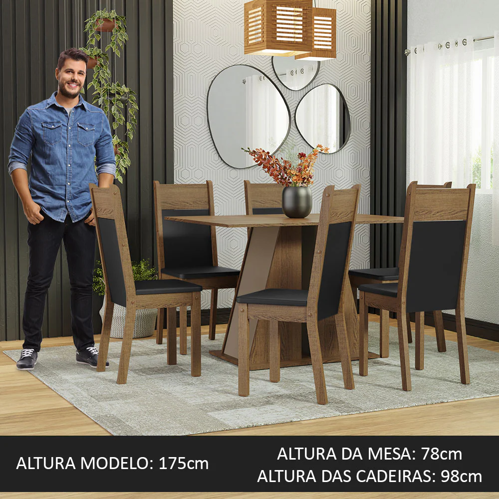 Conjunto Sala de Jantar Mesa Tampo de Madeira 6 Cadeiras Rustic/Crema/Preto Beverly Madesa - Image 4