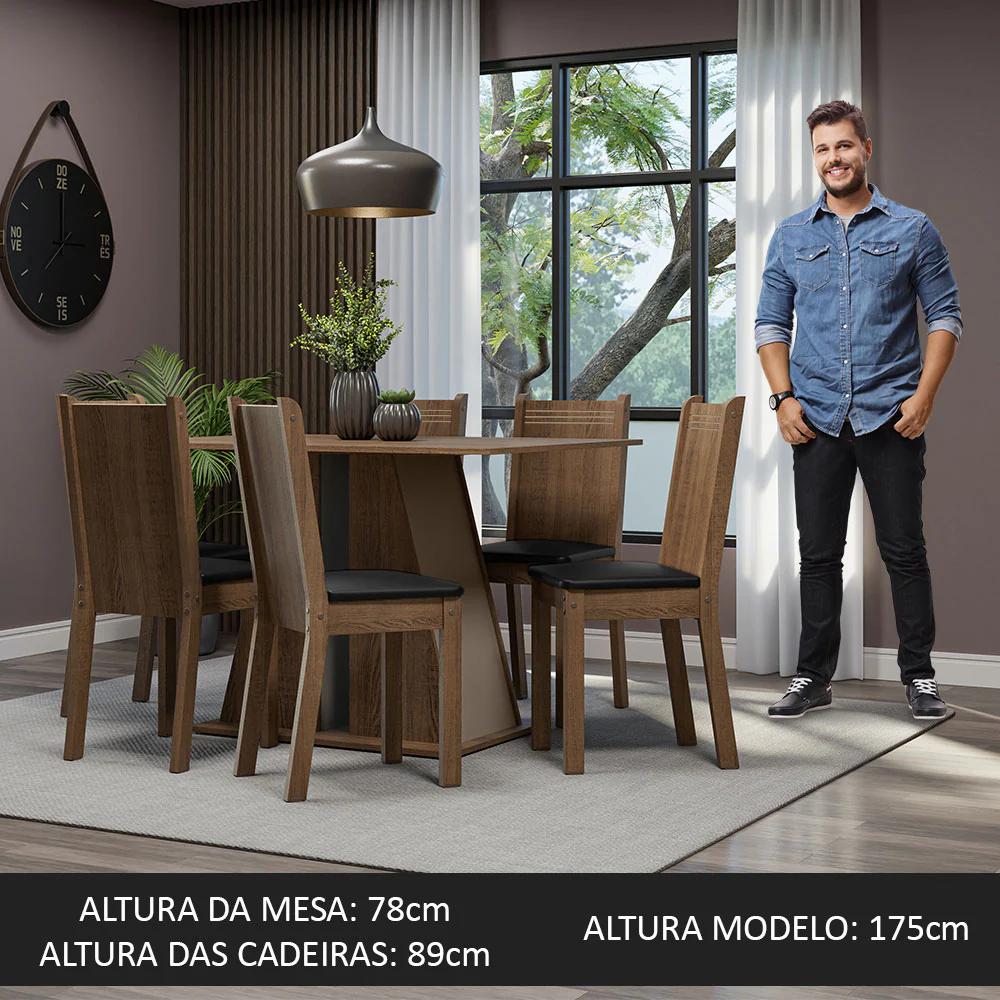 Conjunto Sala de Jantar Mesa Tampo de Madeira 6 Cadeiras Rustic/Crema/Preto Sharon Madesa - Image 4