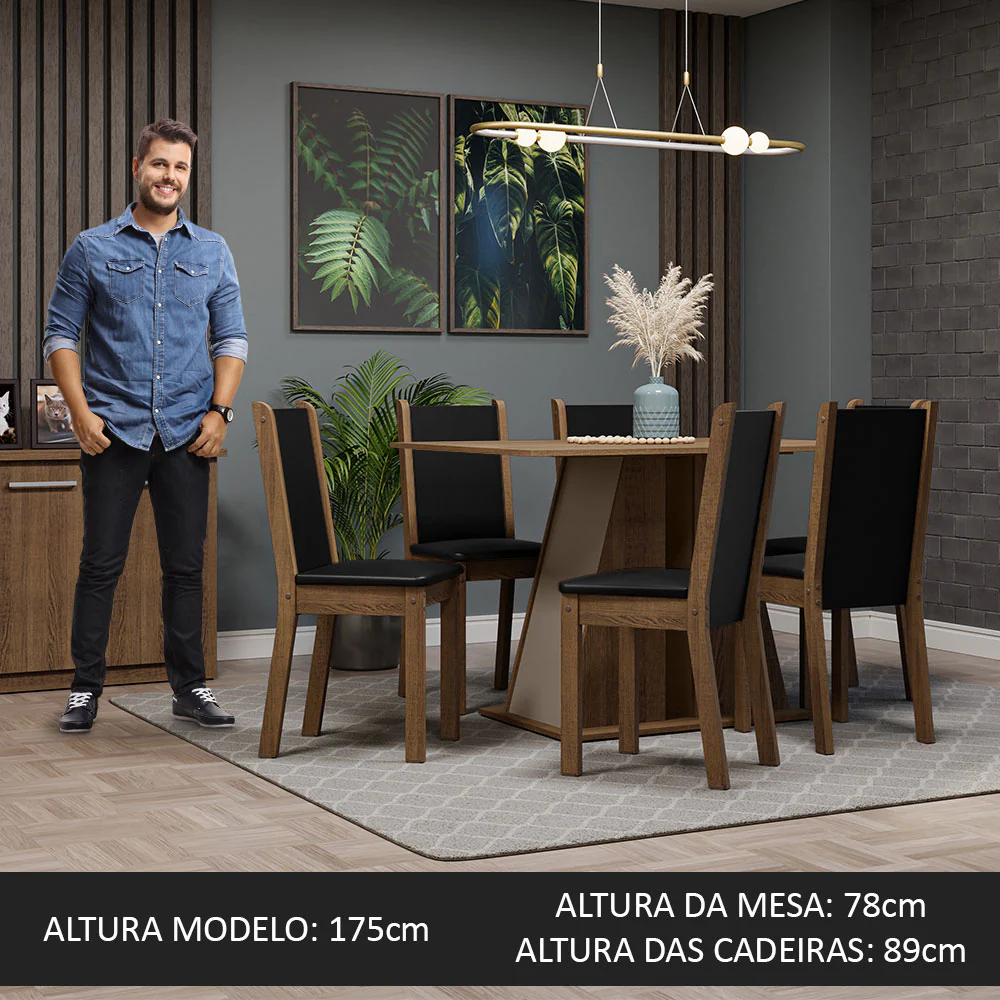 Conjunto Sala de Jantar Mesa Tampo de Madeira 6 Cadeiras Rustic/Crema/Preto Wendy Madesa - Image 5