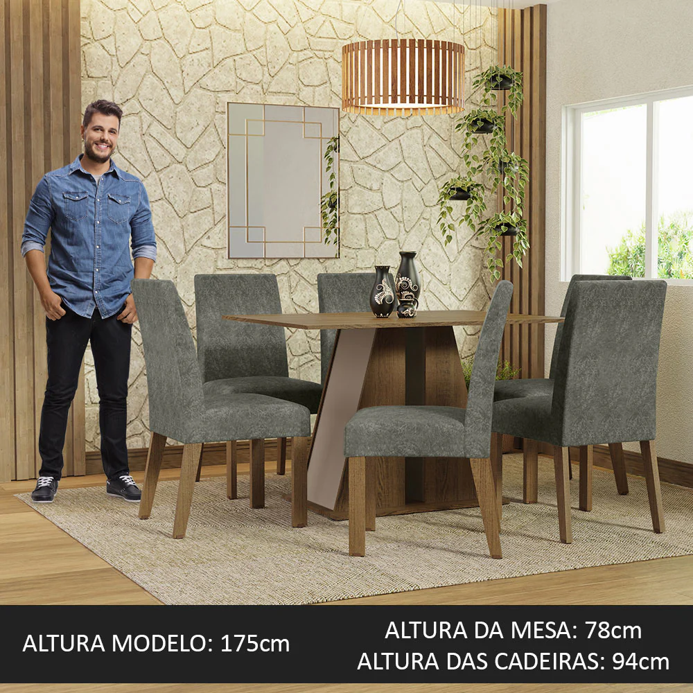 Conjunto Sala de Jantar Mesa Tampo de Madeira 6 Cadeiras Rustic/Crema/Silver Cheryl Madesa - Image 4