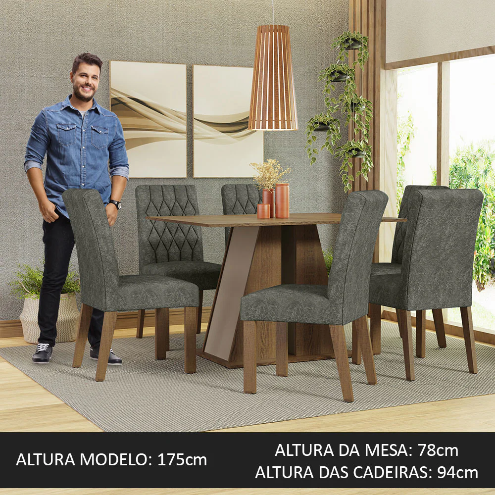 Conjunto Sala de Jantar Mesa Tampo de Madeira 6 Cadeiras Rustic/Crema/Silver Fabiana Madesa - Image 4