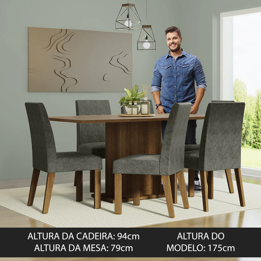 Conjunto Sala de Jantar Mesa Tampo de Madeira 6 Cadeiras Rustic/Crema/Silver Renata Madesa - Image 4