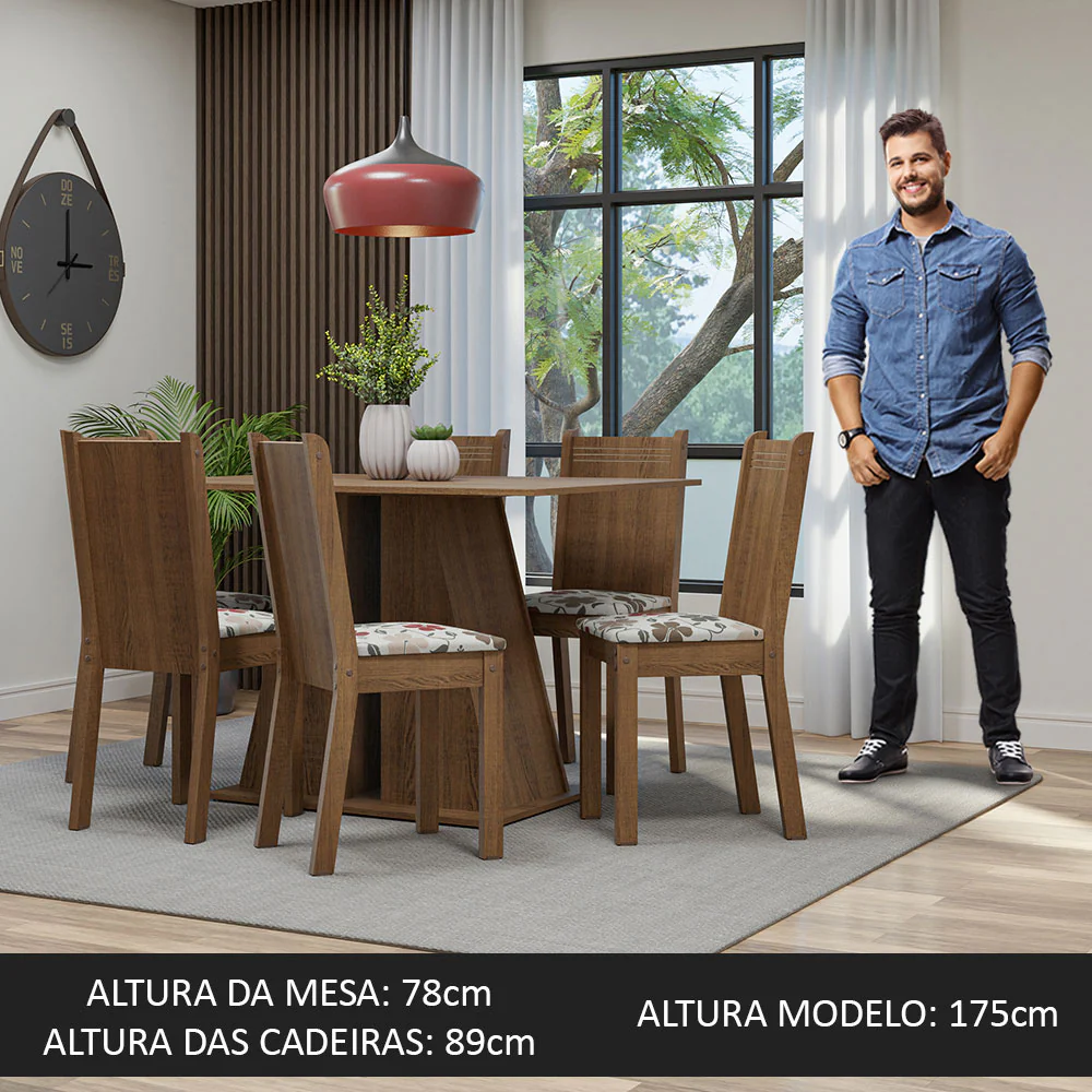 Conjunto Sala de Jantar Mesa Tampo de Madeira 6 Cadeiras Rustic/Hibiscos Sharon Madesa - Image 4