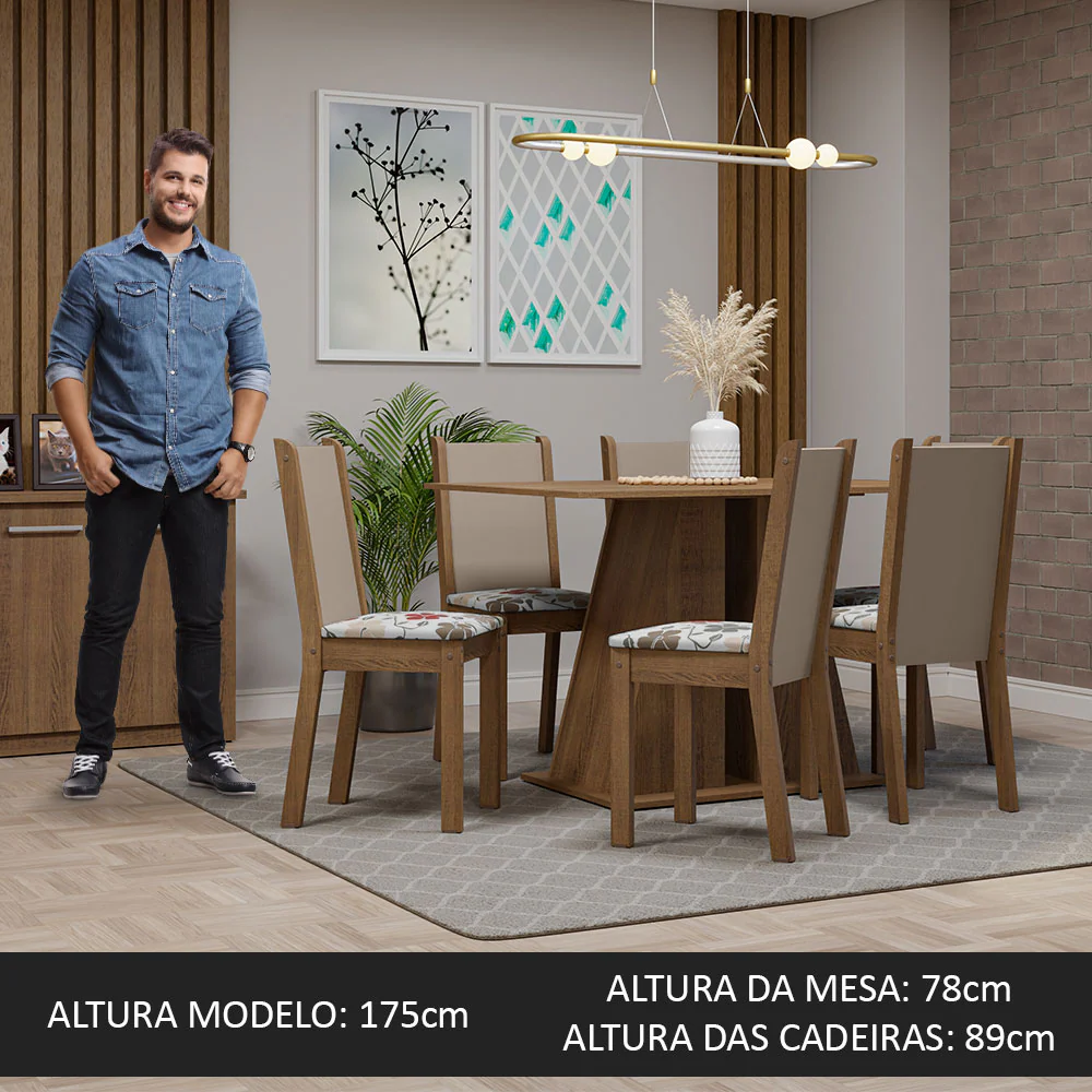 Conjunto Sala de Jantar Mesa Tampo de Madeira 6 Cadeiras Rustic/Hibiscos Wendy Madesa - Image 5