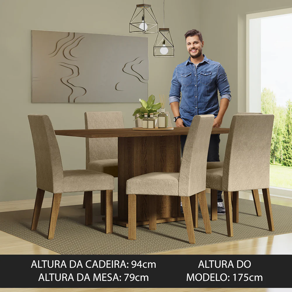 Conjunto Sala de Jantar Mesa Tampo de Madeira 6 Cadeiras Rustic/Imperial Renata Madesa - Image 4