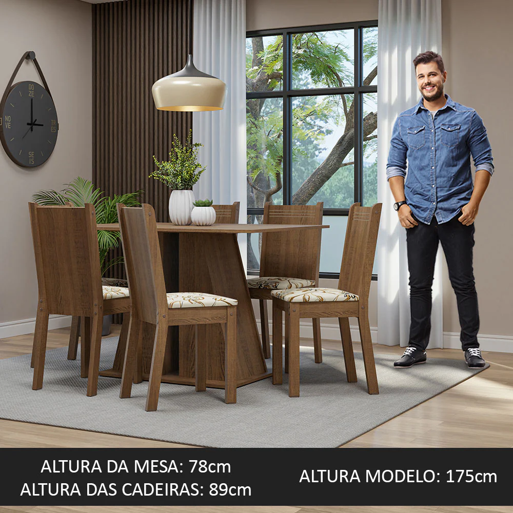 Conjunto Sala de Jantar Mesa Tampo de Madeira 6 Cadeiras Rustic/Lírio Bege Sharon Madesa - Image 4