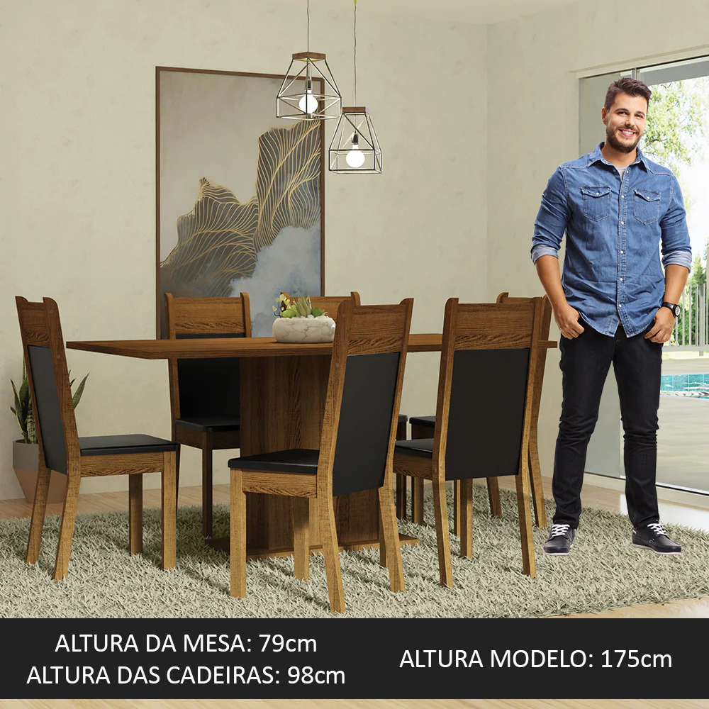 Conjunto Sala de Jantar Mesa Tampo de Madeira 6 Cadeiras Rustic/Preto Augusta Madesa - Image 3