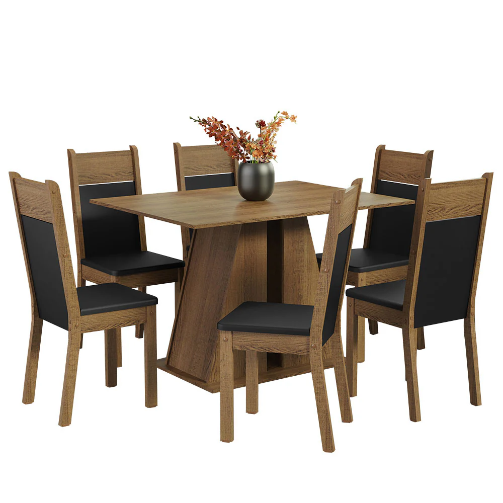 Conjunto Sala de Jantar Mesa Tampo de Madeira 6 Cadeiras Rustic/Preto Beverly Madesa - Image 2