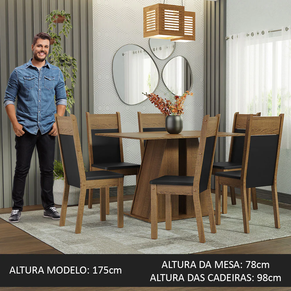 Conjunto Sala de Jantar Mesa Tampo de Madeira 6 Cadeiras Rustic/Preto Beverly Madesa - Image 4