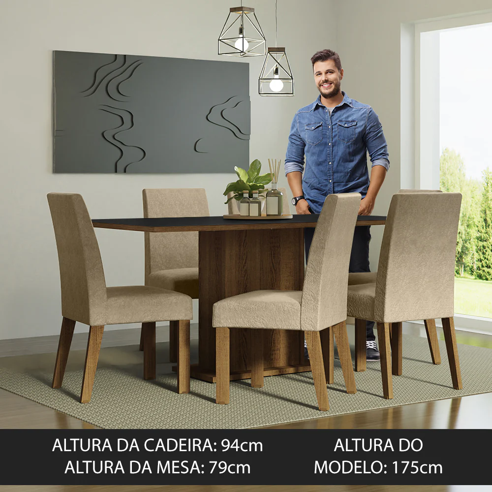 Conjunto Sala de Jantar Mesa Tampo de Madeira 6 Cadeiras Rustic/Preto/Imperial Renata Madesa - Image 4