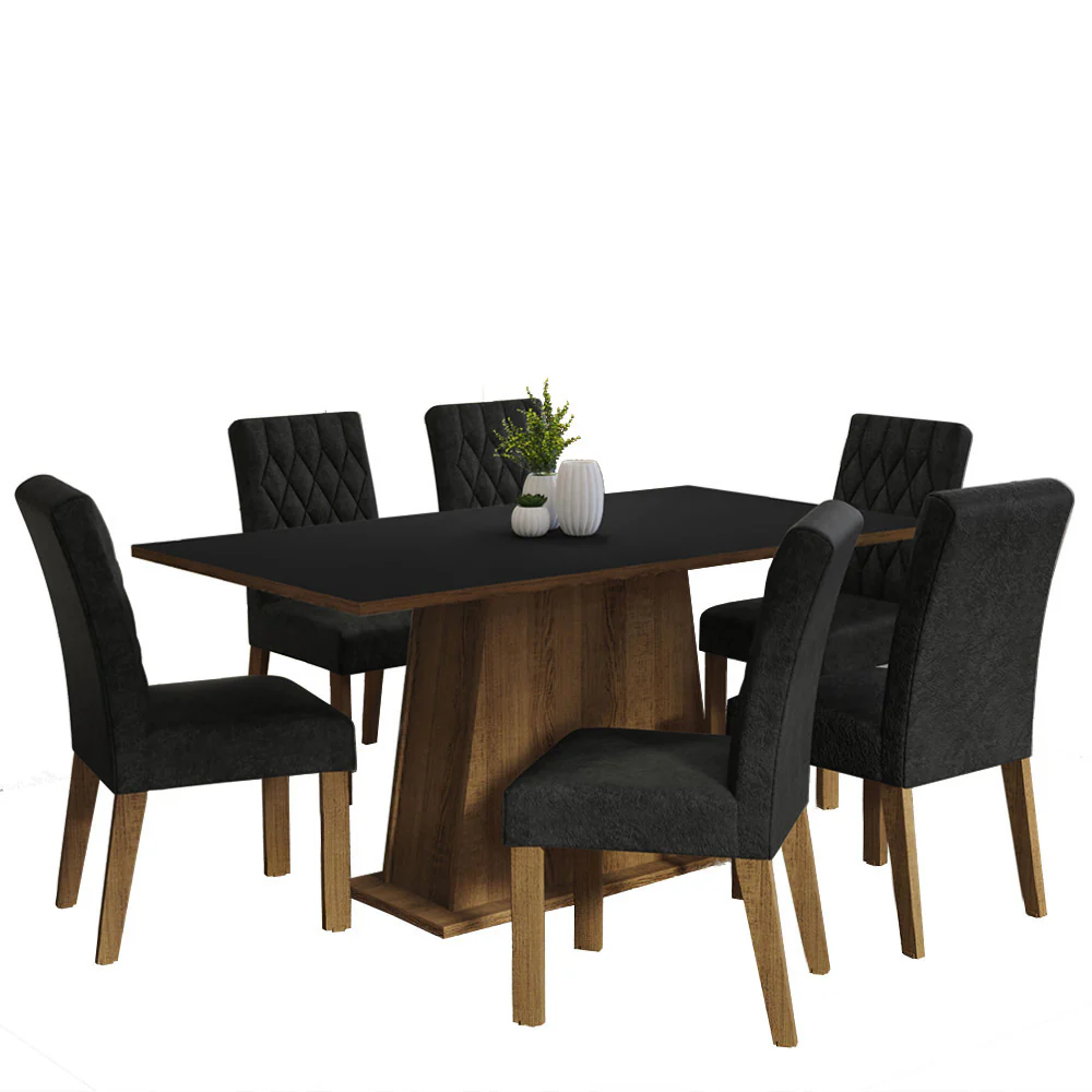 Conjunto Sala de Jantar Mesa Tampo de Madeira 6 Cadeiras Rustic/Preto/Oxford Britney Madesa - Image 2