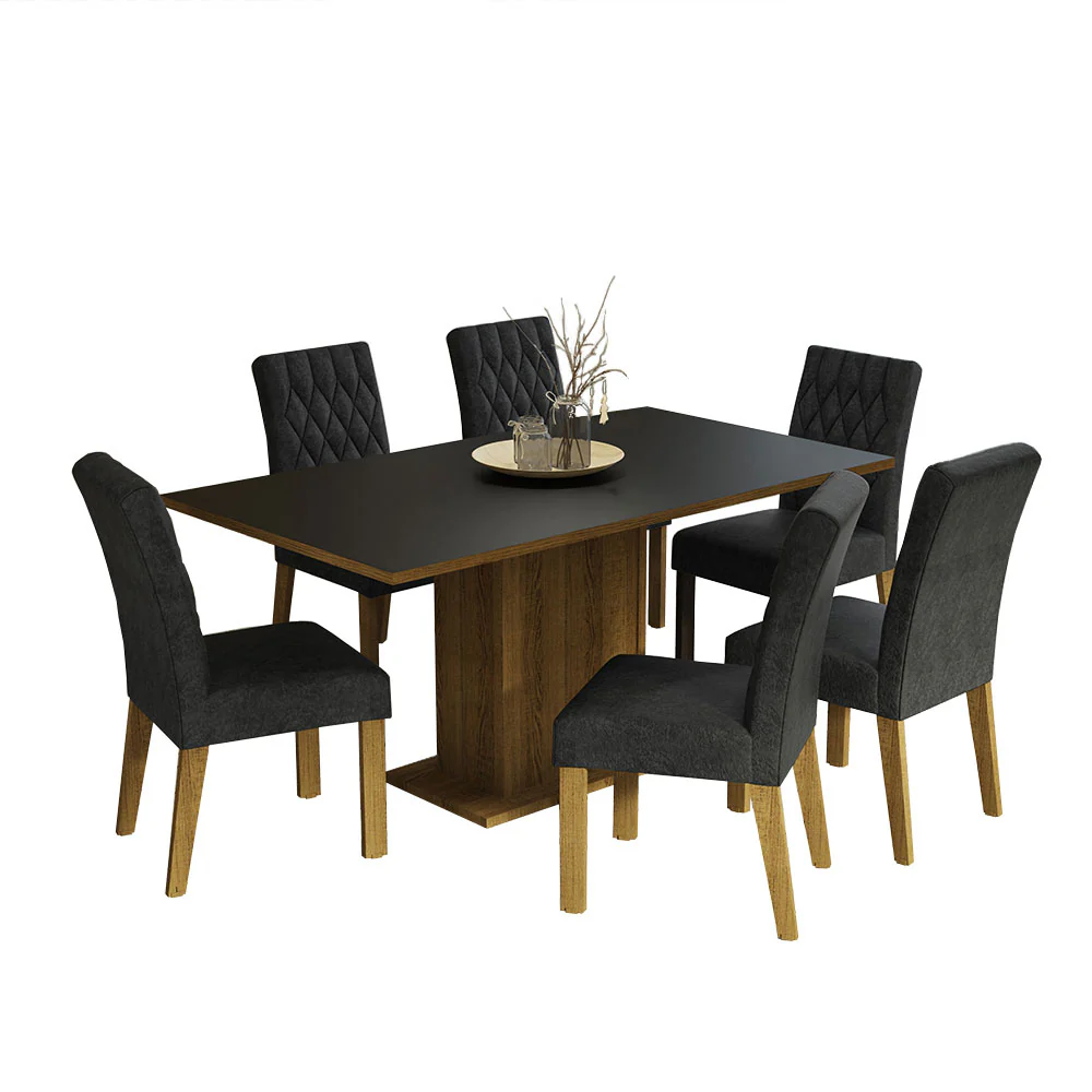 Conjunto Sala de Jantar Mesa Tampo de Madeira 6 Cadeiras Rustic/Preto/Oxford Hanna Madesa - Image 2