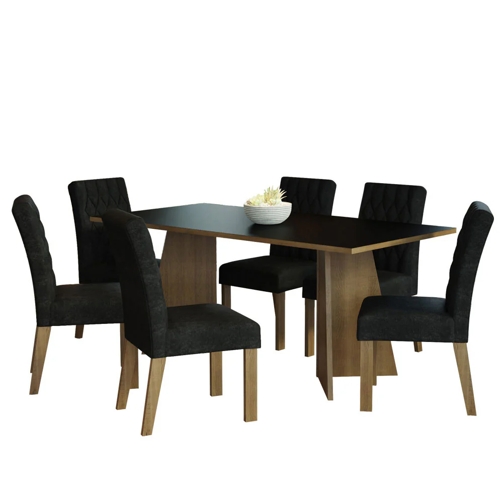 Conjunto Sala de Jantar Mesa Tampo de Madeira 6 Cadeiras Rustic/Preto/Oxford Madison Madesa - Image 2