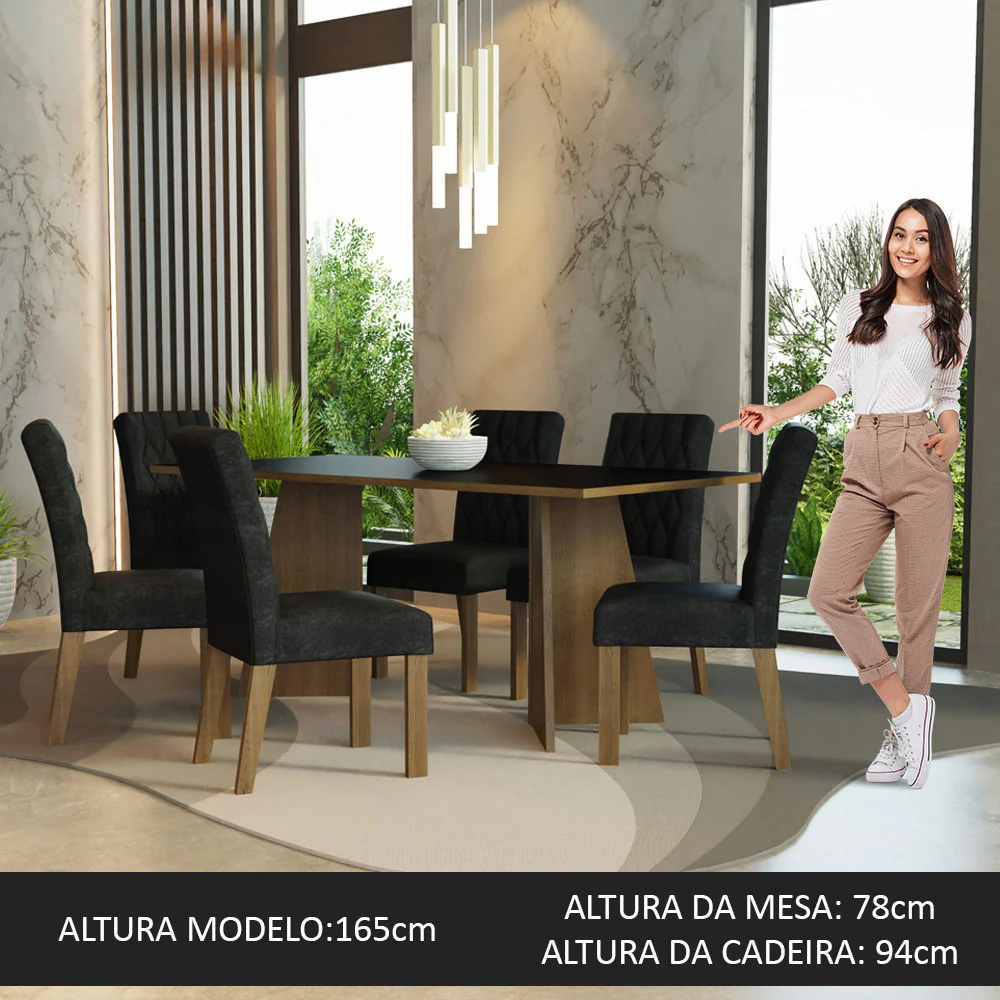 Conjunto Sala de Jantar Mesa Tampo de Madeira 6 Cadeiras Rustic/Preto/Oxford Madison Madesa - Image 3
