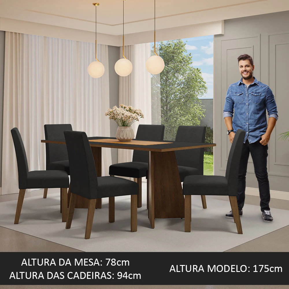 Conjunto Sala de Jantar Mesa Tampo de Madeira 6 Cadeiras Rustic/Preto/Oxford Simone Madesa - Image 3