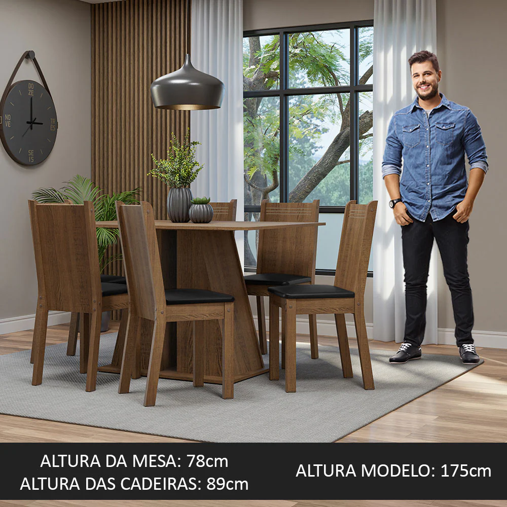 Conjunto Sala de Jantar Mesa Tampo de Madeira 6 Cadeiras Rustic/Preto Sharon Madesa - Image 4