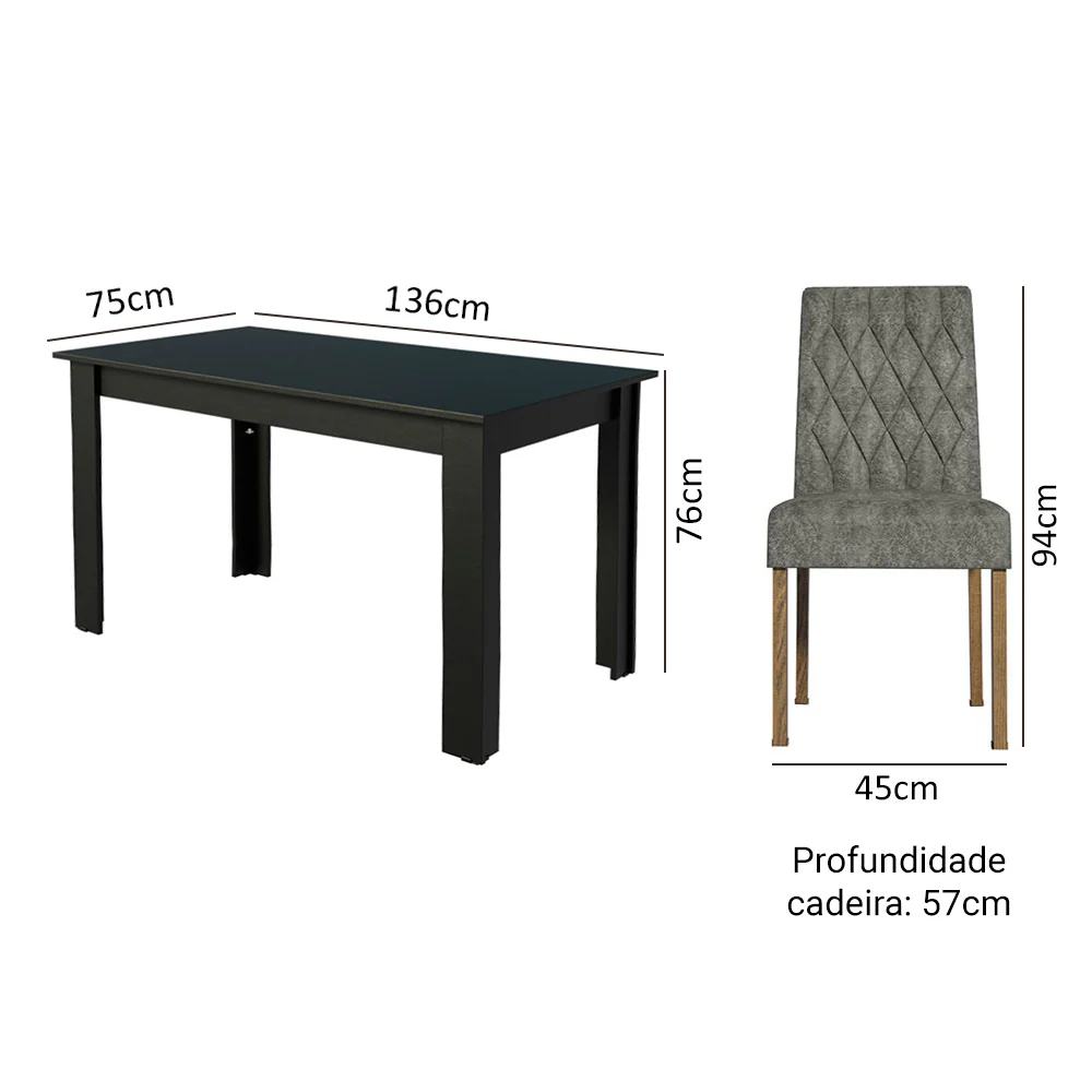 Conjunto Sala de Jantar Mesa Tampo de Madeira 6 Cadeiras Rustic/Preto/Silver Allegro Madesa - Image 3