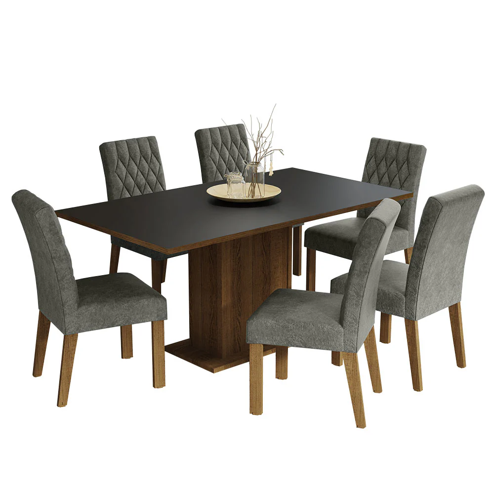 Conjunto Sala de Jantar Mesa Tampo de Madeira 6 Cadeiras Rustic/Preto/Silver Hanna Madesa - Image 2