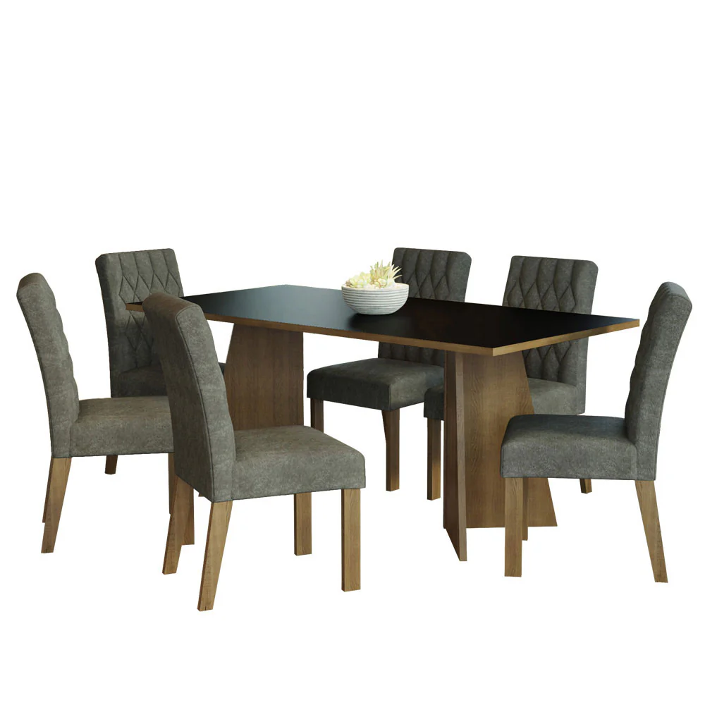 Conjunto Sala de Jantar Mesa Tampo de Madeira 6 Cadeiras Rustic/Preto/Silver Madison Madesa - Image 2