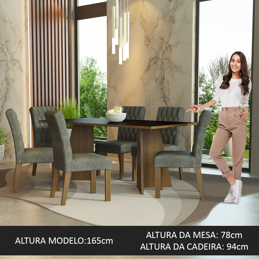 Conjunto Sala de Jantar Mesa Tampo de Madeira 6 Cadeiras Rustic/Preto/Silver Madison Madesa - Image 3