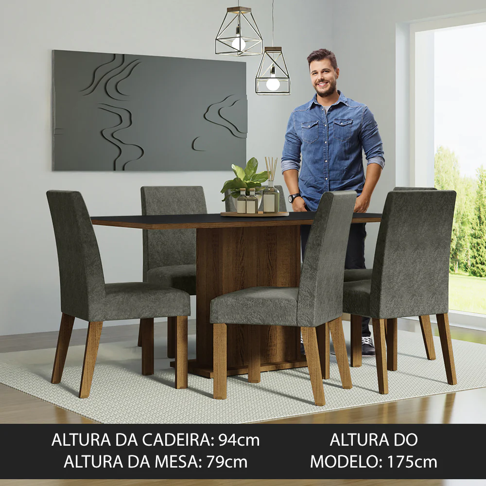 Conjunto Sala de Jantar Mesa Tampo de Madeira 6 Cadeiras Rustic/Preto/Silver Renata Madesa - Image 4