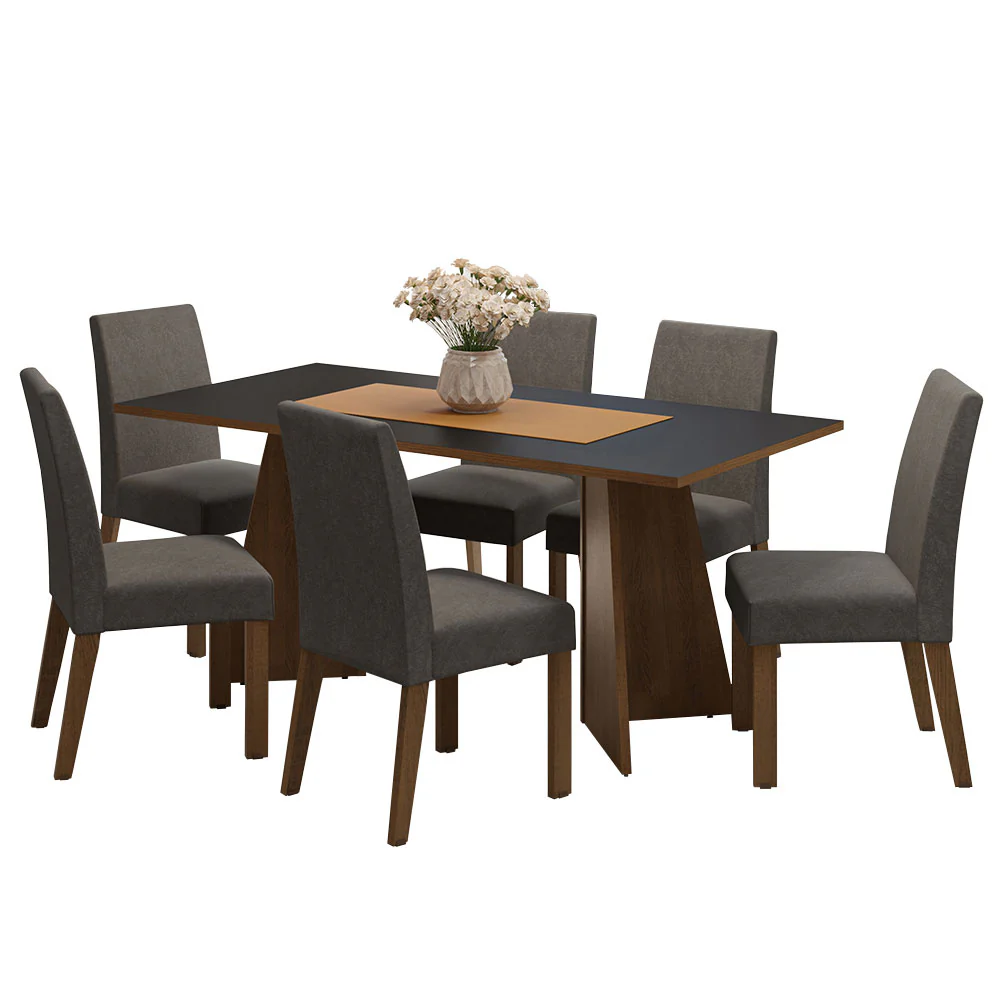 Conjunto Sala de Jantar Mesa Tampo de Madeira 6 Cadeiras Rustic/Preto/Silver Simone Madesa - Image 2