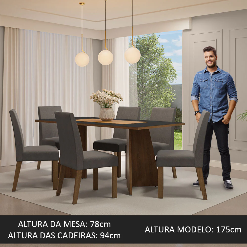 Conjunto Sala de Jantar Mesa Tampo de Madeira 6 Cadeiras Rustic/Preto/Silver Simone Madesa - Image 3