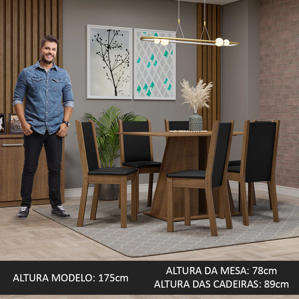 Conjunto Sala de Jantar Mesa Tampo de Madeira 6 Cadeiras Rustic/Preto Wendy Madesa - Image 5