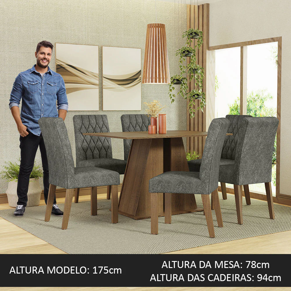 Conjunto Sala de Jantar Mesa Tampo de Madeira 6 Cadeiras Rustic/Silver Fabiana Madesa - Image 3