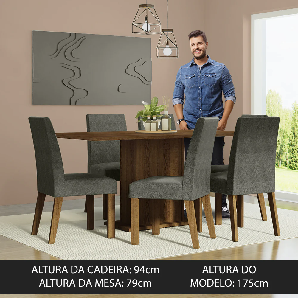 Conjunto Sala de Jantar Mesa Tampo de Madeira 6 Cadeiras Rustic/Silver Renata Madesa - Image 4