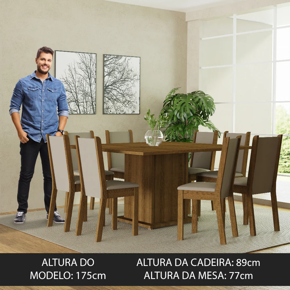 Conjunto Sala de Jantar Mesa Tampo de Madeira 8 Cadeiras Rustic/Crema/Bege Marisa Madesa - Image 5