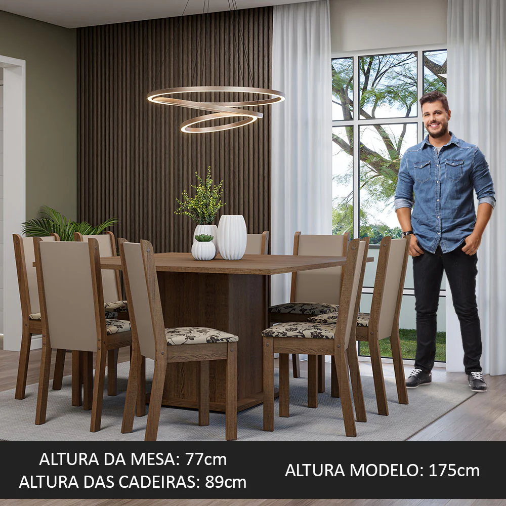 Conjunto Sala de Jantar Mesa Tampo de Madeira 8 Cadeiras Rustic/Crema/Bege Marrom Marisa Madesa - Image 5