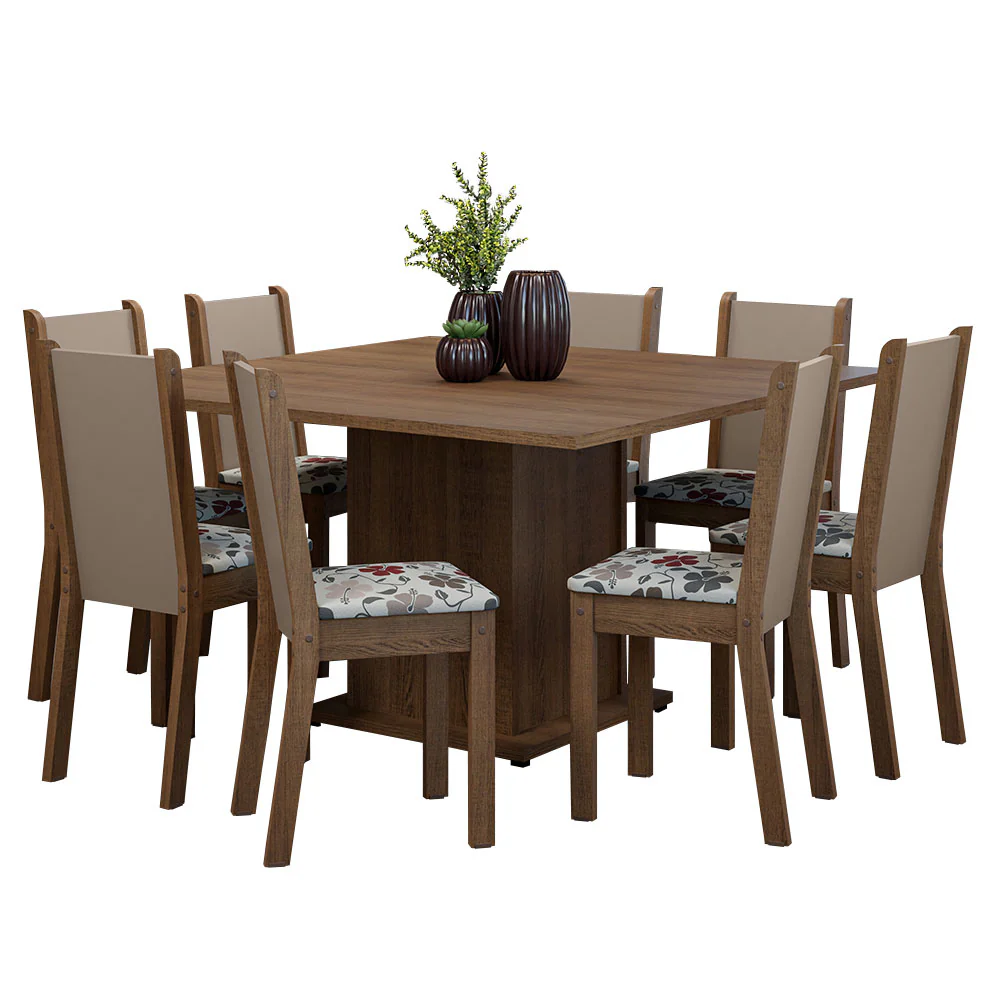 Conjunto Sala de Jantar Mesa Tampo de Madeira 8 Cadeiras Rustic/Crema/Hibiscos Marisa Madesa - Image 2