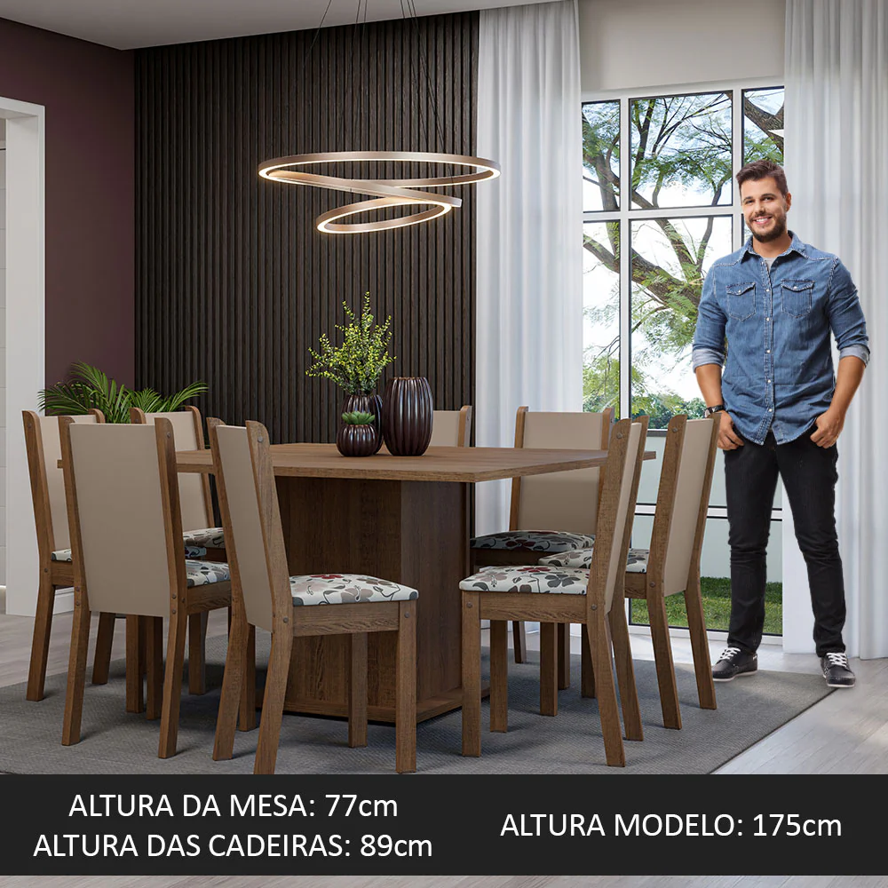 Conjunto Sala de Jantar Mesa Tampo de Madeira 8 Cadeiras Rustic/Crema/Hibiscos Marisa Madesa - Image 5
