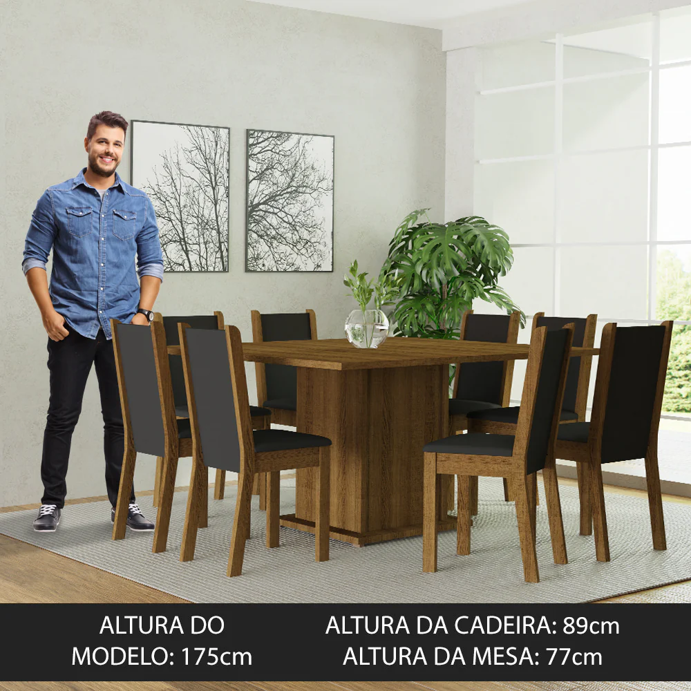 Conjunto Sala de Jantar Mesa Tampo de Madeira 8 Cadeiras Rustic/Preto Marisa Madesa - Image 5