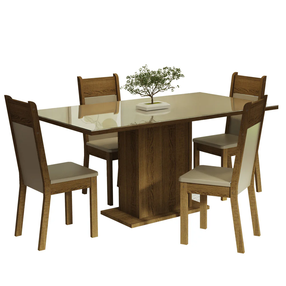 Conjunto Sala de Jantar Mesa Tampo de Vidro 4 Cadeiras Crema/Rustic/Bege Greta Madesa - Image 2