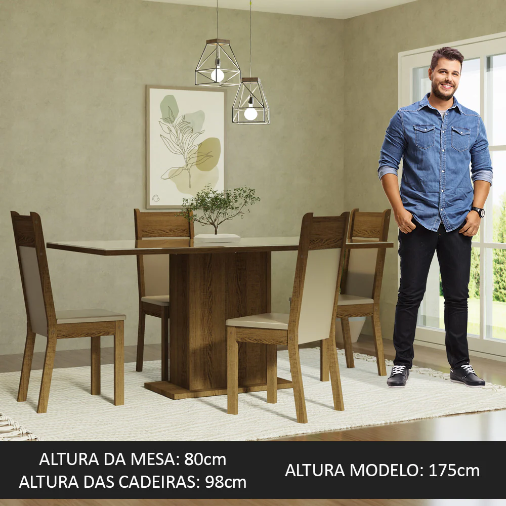Conjunto Sala de Jantar Mesa Tampo de Vidro 4 Cadeiras Crema/Rustic/Bege Greta Madesa - Image 4