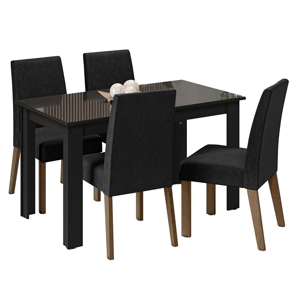 Conjunto Sala de Jantar Mesa Tampo de Vidro 4 Cadeiras Preto/Oxford Antônia Madesa - Image 2