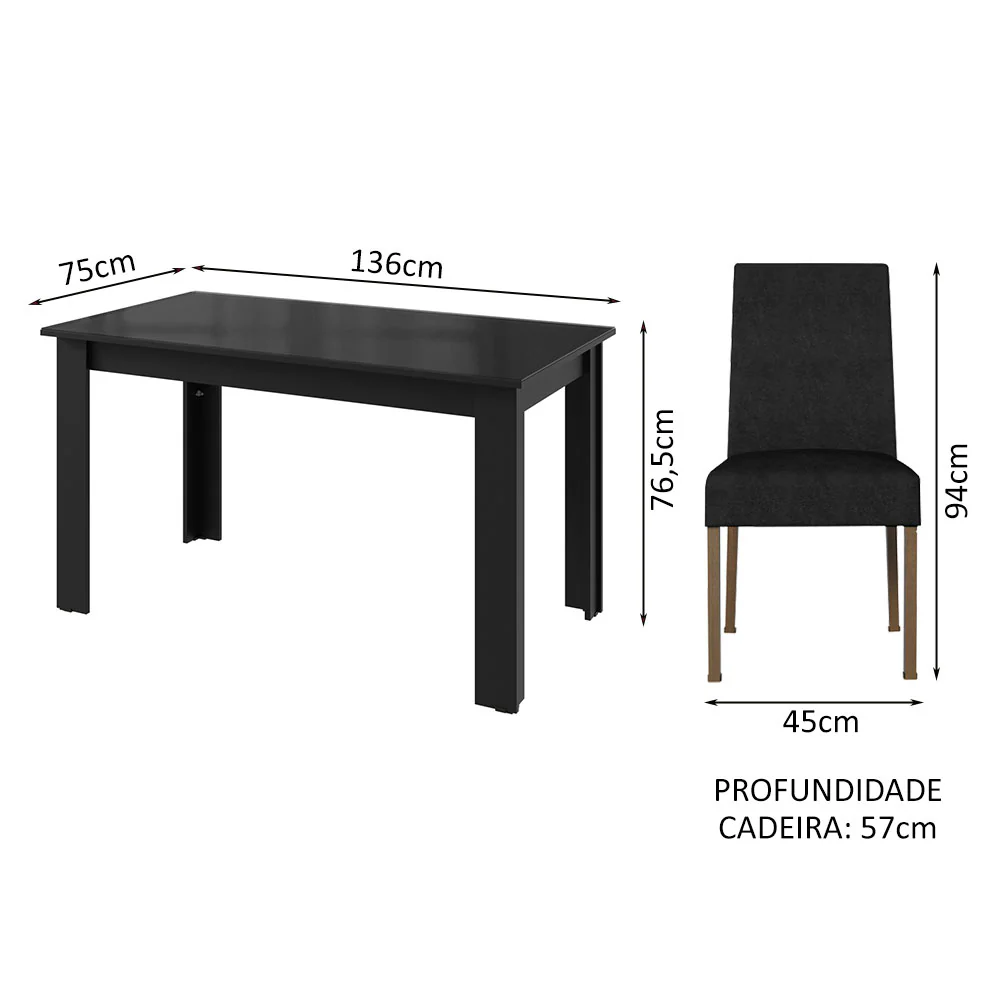 Conjunto Sala de Jantar Mesa Tampo de Vidro 4 Cadeiras Preto/Oxford Antônia Madesa - Image 3