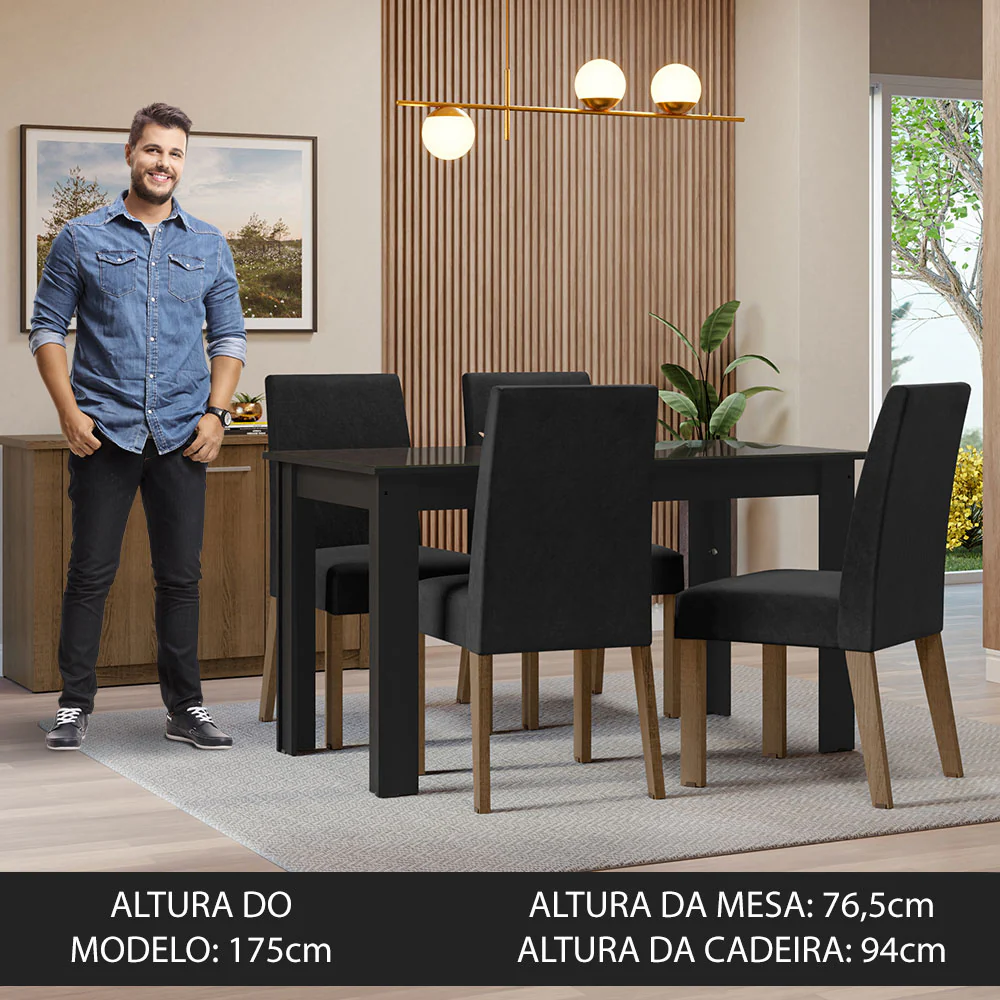 Conjunto Sala de Jantar Mesa Tampo de Vidro 4 Cadeiras Preto/Oxford Antônia Madesa - Image 4