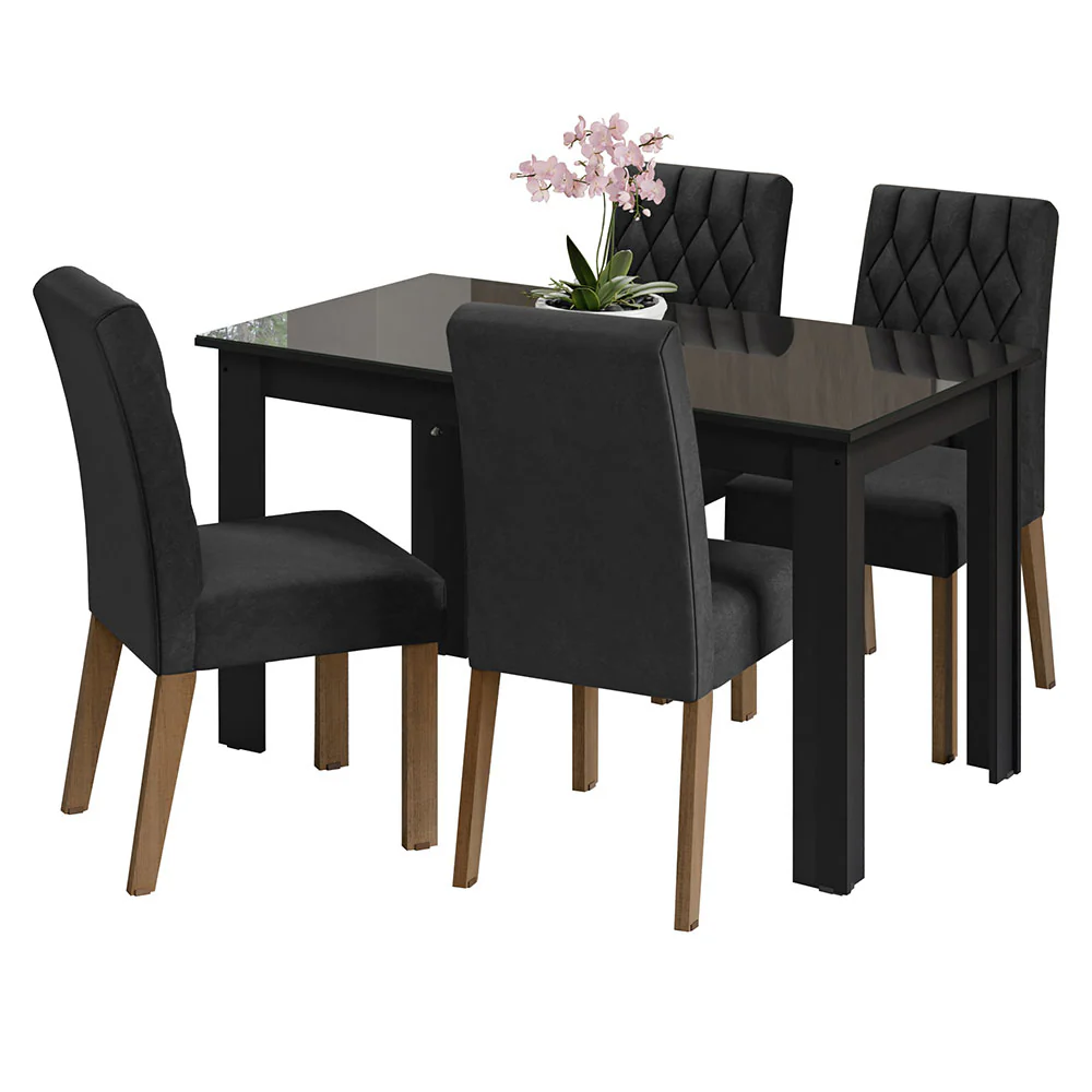 Conjunto Sala de Jantar Mesa Tampo de Vidro 4 Cadeiras Preto/Oxford Celina Madesa - Image 2