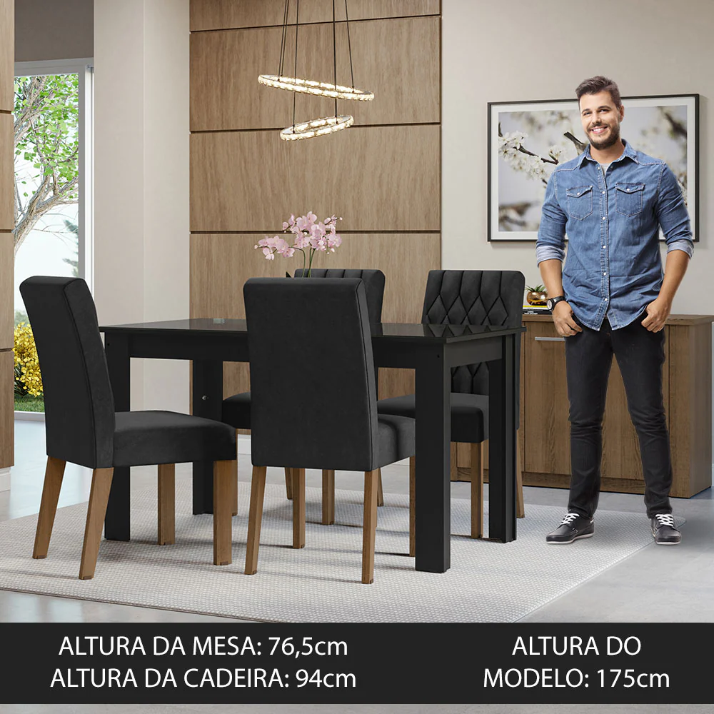 Conjunto Sala de Jantar Mesa Tampo de Vidro 4 Cadeiras Preto/Oxford Celina Madesa - Image 4